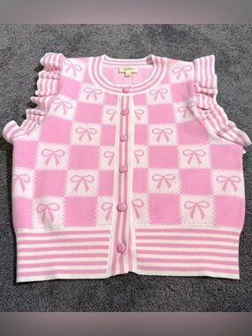 rareraw Pink and White Bow-Print Ruffle Sleeve Knit Cardigan Vest Women Small